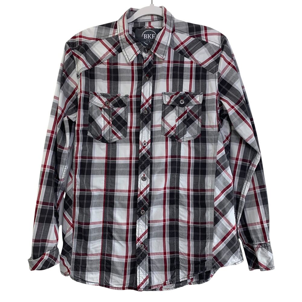 BKE Mens Slim Fit Western Shirt Size M Black Red Gray Plaid Metal Button Up